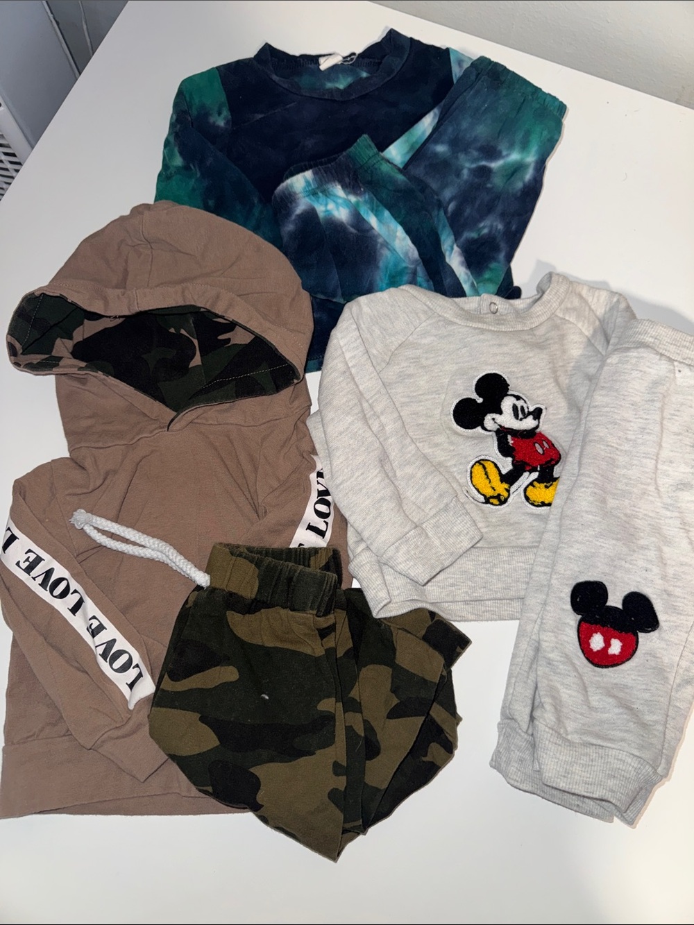 Bundle of 3 Baby Outfits - Size 3-6 Months, EUC - Mickey + Tie Dye + Camo